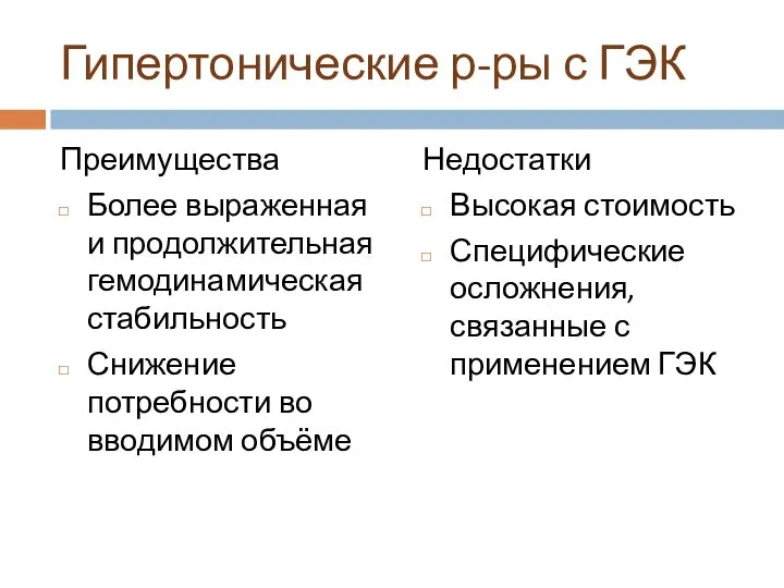 Гипертонические р-ры с ГЭК Преимущества Более выраженная и продолжительная гемодинамическая стабильность