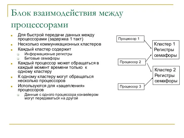 Блок взаимодействия между процессорами Для быстрой передачи данных между процессорами (задержка