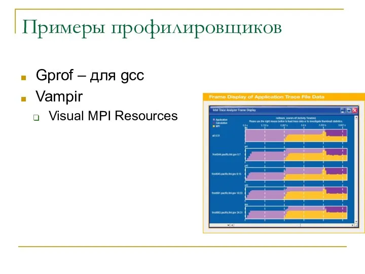 Примеры профилировщиков Gprof – для gcc Vampir Visual MPI Resources