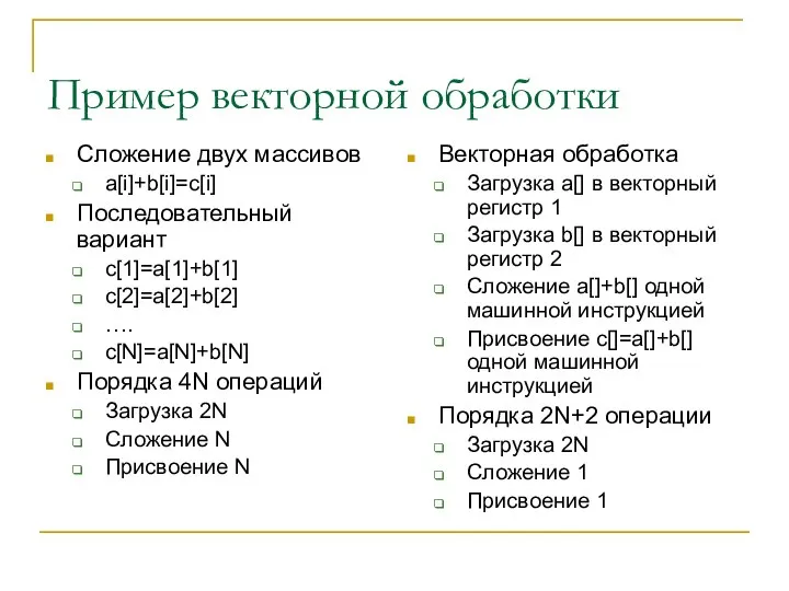 Пример векторной обработки Сложение двух массивов a[i]+b[i]=c[i] Последовательный вариант c[1]=a[1]+b[1] c[2]=a[2]+b[2]