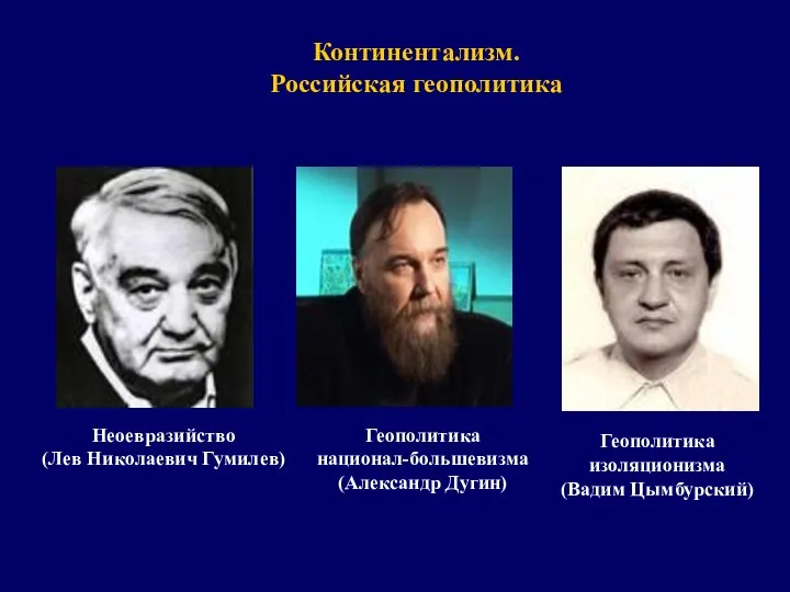 Континентализм. Российская геополитика Неоевразийство (Лев Николаевич Гумилев) Геополитика национал-большевизма (Александр Дугин) Геополитика изоляционизма (Вадим Цымбурский)