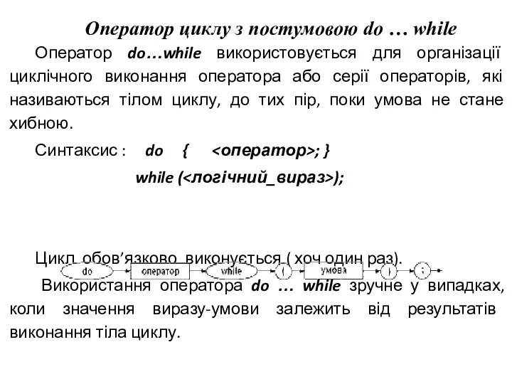 Оператор циклу з постумовою do … while Оператор do…while використовується для