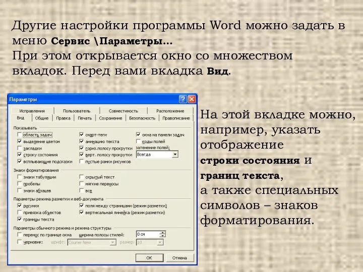 На этой вкладке можно, например, указать отображение строки состояния и границ