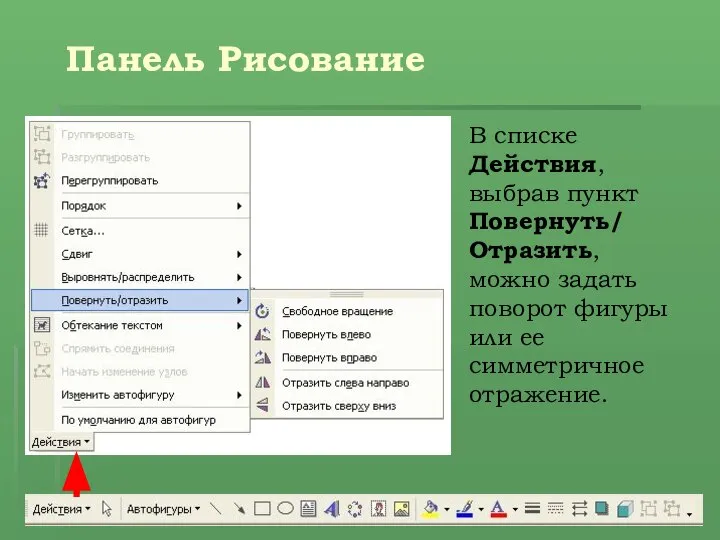 Панель Рисование В списке Действия, выбрав пункт Повернуть/ Отразить, можно задать