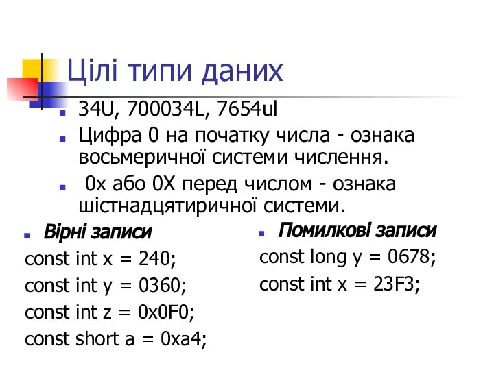 Цілі типи даних 34U, 700034L, 7654ul Цифра 0 на початку числа