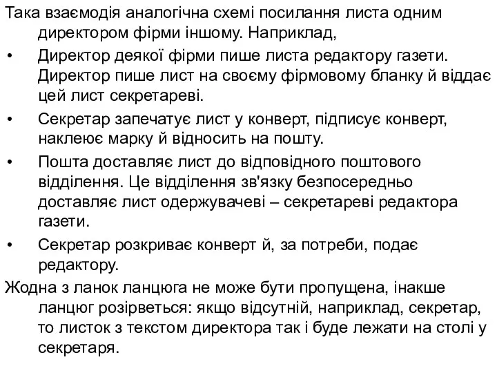 Така взаємодія аналогічна схемі посилання листа одним директором фірми іншому. Наприклад,