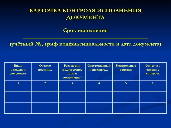 КАРТОЧКА КОНТРОЛЯ ИСПОЛНЕНИЯ ДОКУМЕНТА Срок исполнения ____________________________________________ (учётный №, гриф конфиденциальности и дата документа)