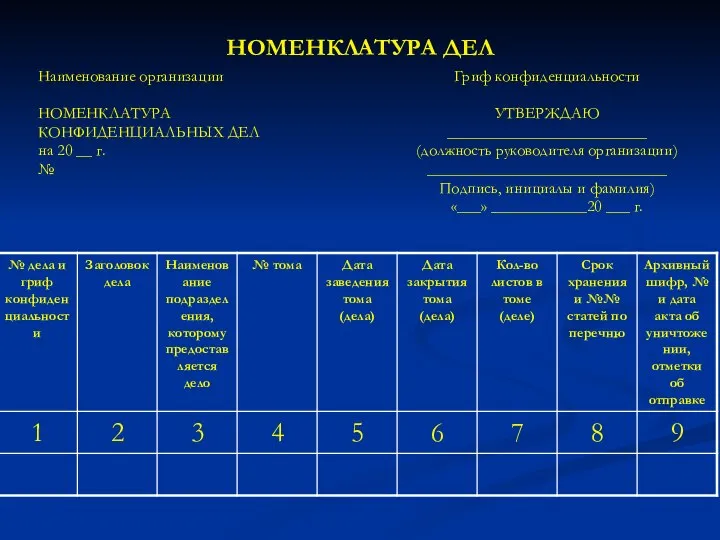 НОМЕНКЛАТУРА ДЕЛ Наименование организации НОМЕНКЛАТУРА КОНФИДЕНЦИАЛЬНЫХ ДЕЛ на 20 __ г.