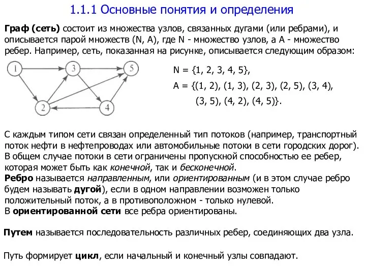 1.1.1 Основные понятия и определения Граф (сеть) состоит из множества узлов,