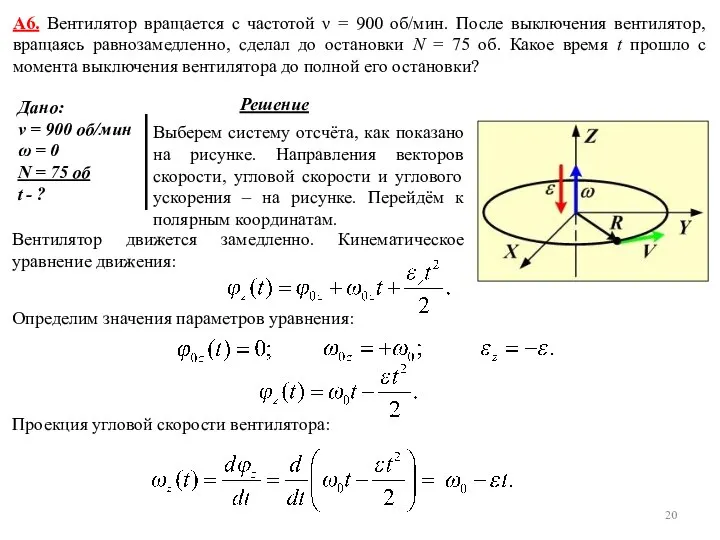 А6. Вентилятор вращается с частотой ν = 900 об/мин. После выключения