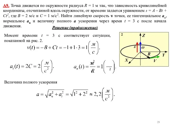 А9. Точка движется по окружности радиуса R = 1 м так,