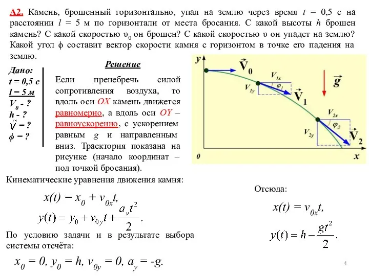 А2. Камень, брошенный горизонтально, упал на землю через время t =