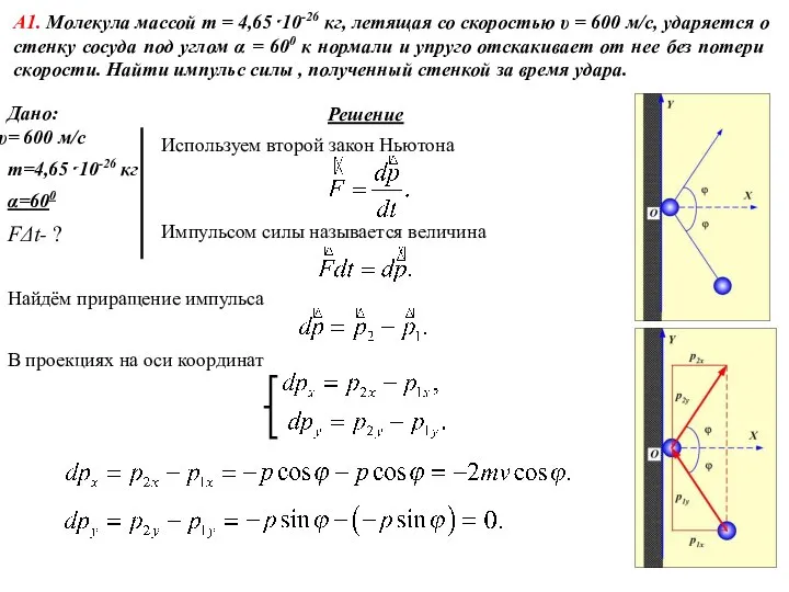 Дано: = 600 м/c m=4,65⋅10-26 кг α=600 FΔt- ? Решение А1.