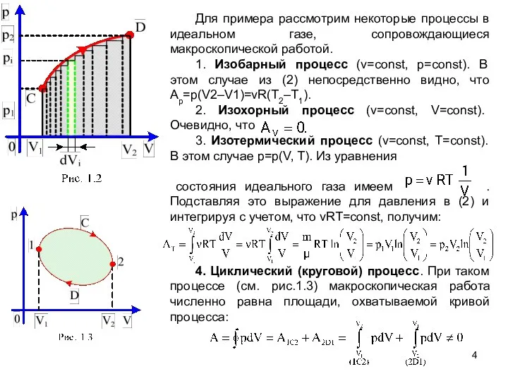 Для примера рассмотрим некоторые процессы в идеальном газе, сопровождающиеся макроскопической работой.