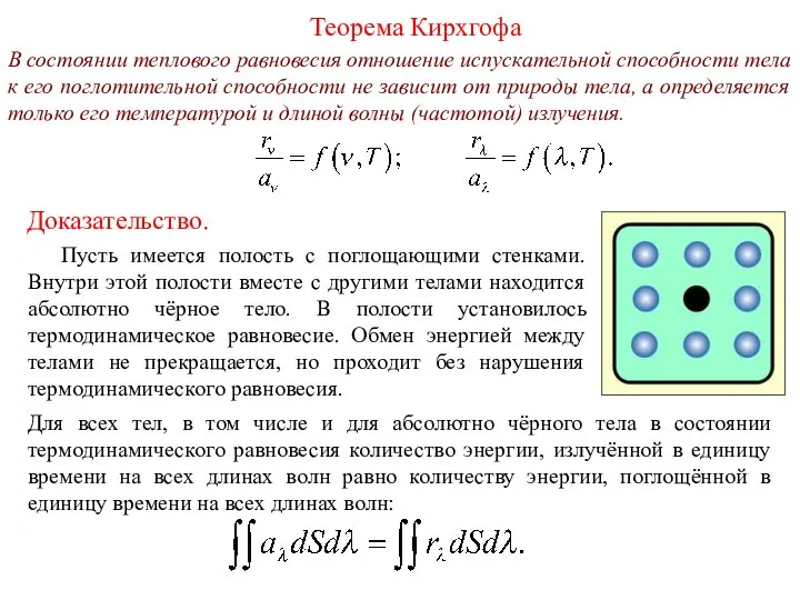 Теорема Кирхгофа В состоянии теплового равновесия отношение испускательной способности тела к