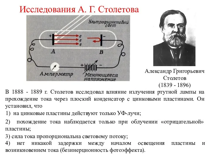 Исследования А. Г. Столетова 1) на цинковые пластины действуют только УФ-лучи;