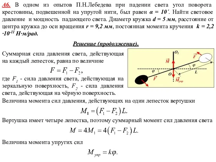 А6. В одном из опытов П.Н.Лебедева при падении света угол поворота