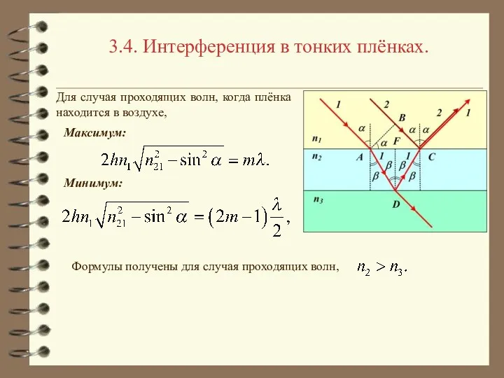 3.4. Интерференция в тонких плёнках. Для случая проходящих волн, когда плёнка