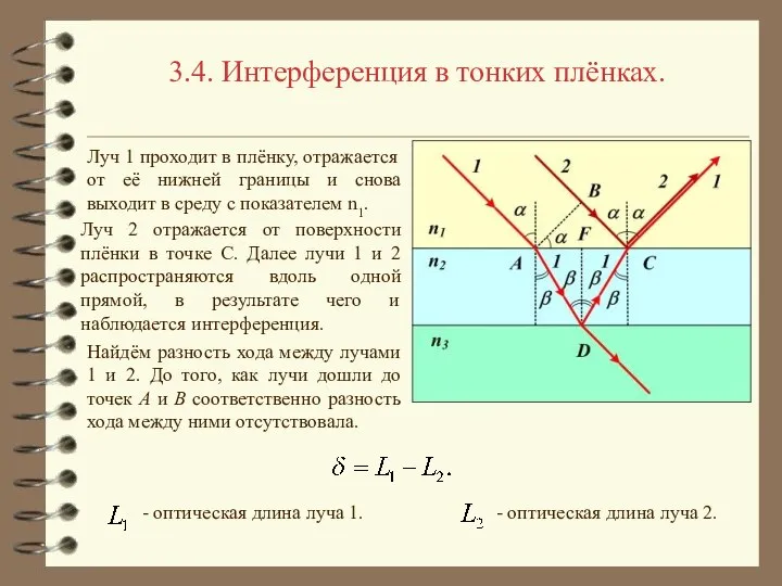 3.4. Интерференция в тонких плёнках. Луч 1 проходит в плёнку, отражается