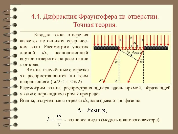 4.4. Дифракция Фраунгофера на отверстии. Точная теория. Каждая точка отверстия является