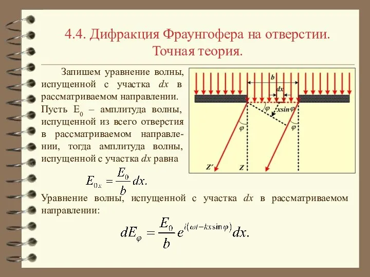 4.4. Дифракция Фраунгофера на отверстии. Точная теория. Запишем уравнение волны, испущенной