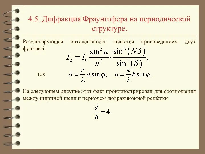 4.5. Дифракция Фраунгофера на периодической структуре. Результирующая интенсивность является произведением двух