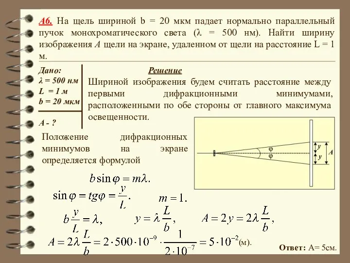 A6. На щель шириной b = 20 мкм падает нормально параллельный