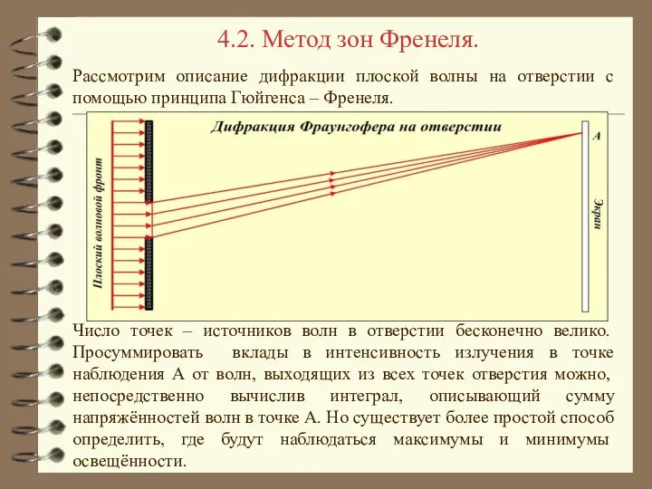 4.2. Метод зон Френеля. Рассмотрим описание дифракции плоской волны на отверстии