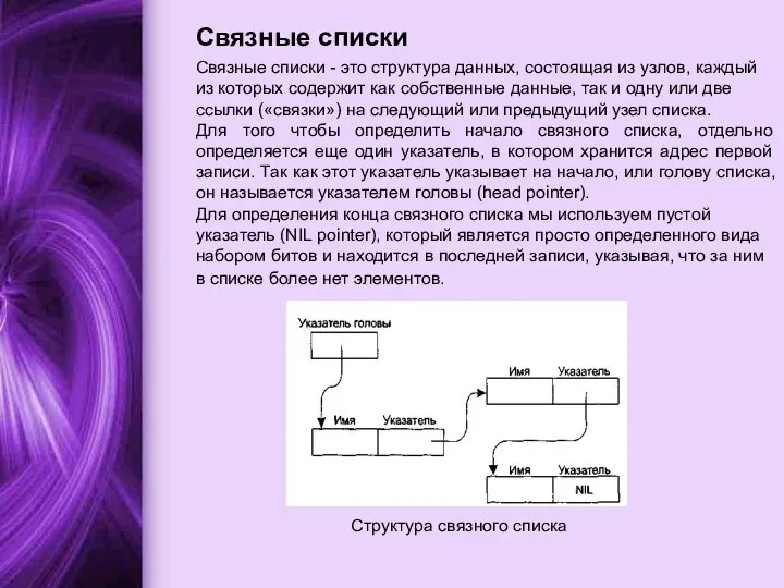 Связные списки Связные списки - это структура данных, состоящая из узлов,