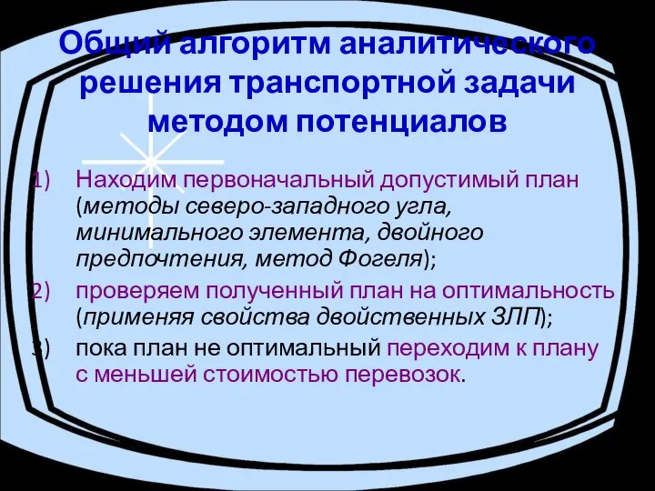 Общий алгоритм аналитического решения транспортной задачи методом потенциалов Находим первоначальный допустимый