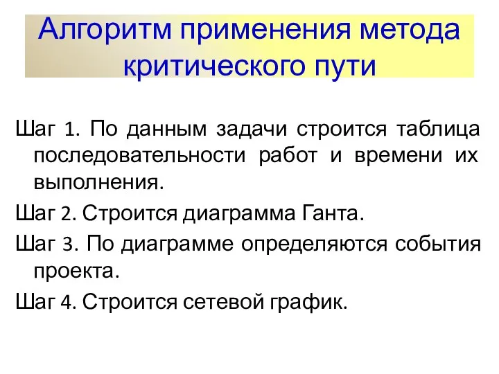 Алгоритм применения метода критического пути Шаг 1. По данным задачи строится