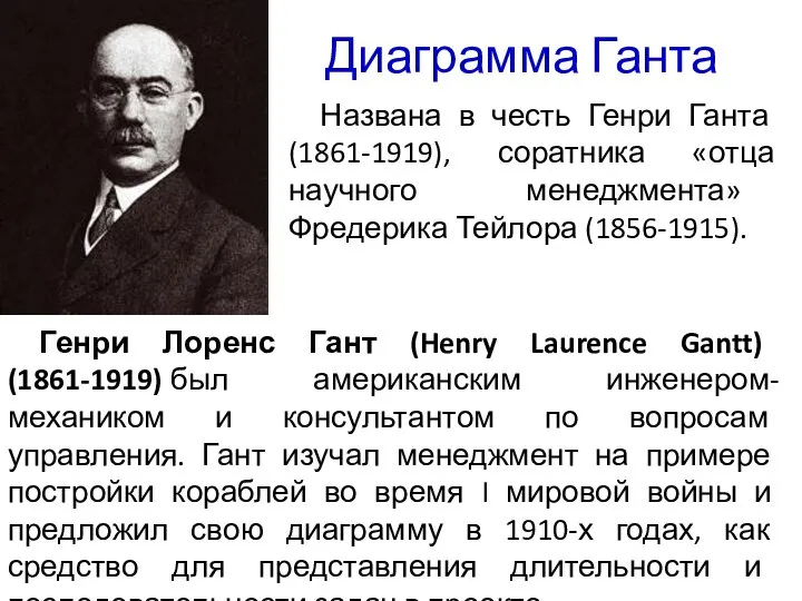 Диаграмма Ганта Генри Лоренс Гант (Henry Laurence Gantt) (1861-1919) был американским