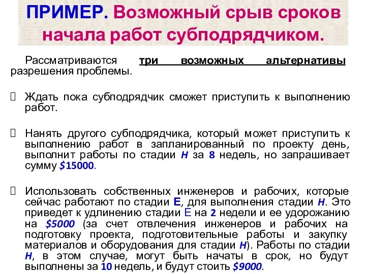 Рассматриваются три возможных альтернативы разрешения проблемы. Ждать пока субподрядчик сможет приступить