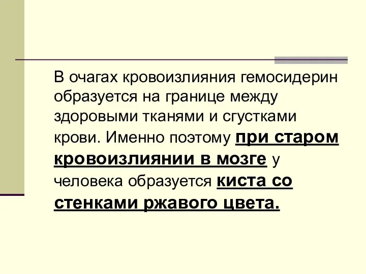 В очагах кровоизлияния гемосидерин образуется на границе между здоровыми тканями и