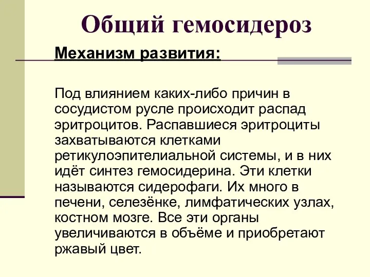 Общий гемосидероз Механизм развития: Под влиянием каких-либо причин в сосудистом русле