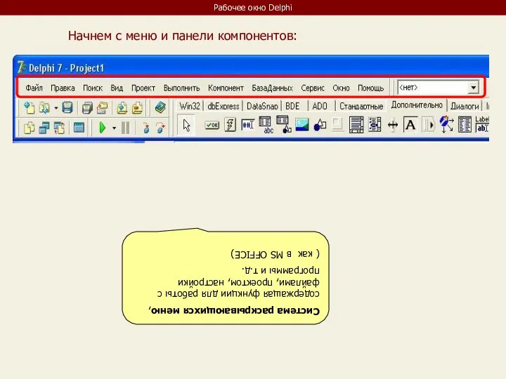 Рабочее окно Delphi Начнем с меню и панели компонентов: Система раскрывающихся