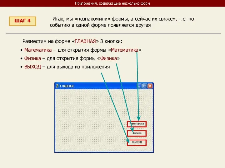 Приложения, содержащие несколько форм ШАГ 4 Итак, мы «познакомили» формы, а