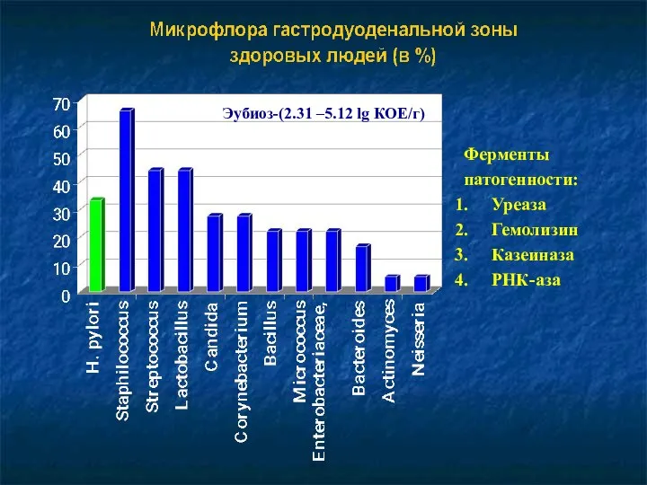 Ферменты патогенности: Уреаза Гемолизин Казеиназа РНК-аза Эубиоз-(2.31 –5.12 lg КОЕ/г)