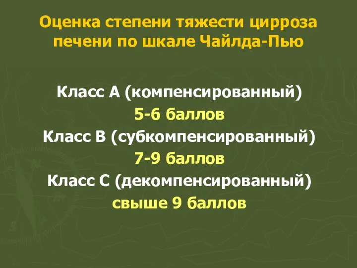 Оценка степени тяжести цирроза печени по шкале Чайлда-Пью Класс А (компенсированный)