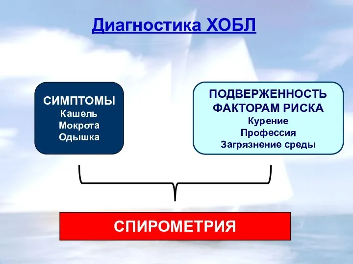 Диагностика ХОБЛ СИМПТОМЫ Кашель Мокрота Одышка ПОДВЕРЖЕННОСТЬ ФАКТОРАМ РИСКА Курение Профессия Загрязнение среды СПИРОМЕТРИЯ