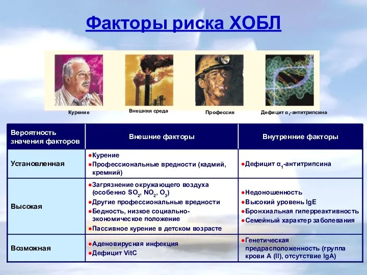 Факторы риска ХОБЛ Курение Дефицит α1-антитрипсина Профессия Внешняя среда