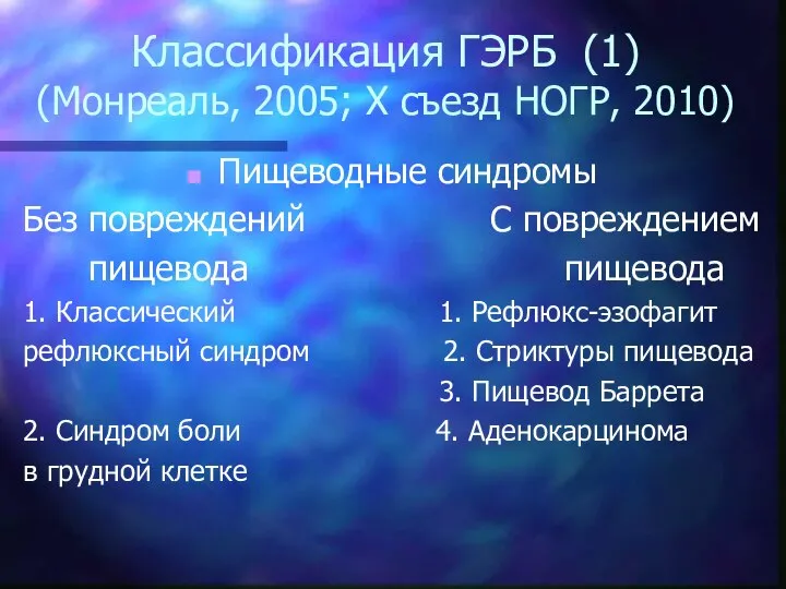 Классификация ГЭРБ (1) (Монреаль, 2005; Х съезд НОГР, 2010) Пищеводные синдромы