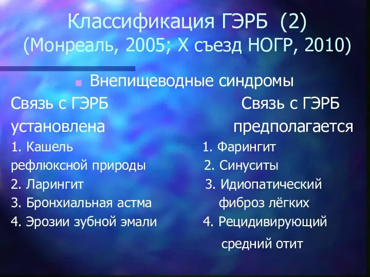 Классификация ГЭРБ (2) (Монреаль, 2005; Х съезд НОГР, 2010) Внепищеводные синдромы