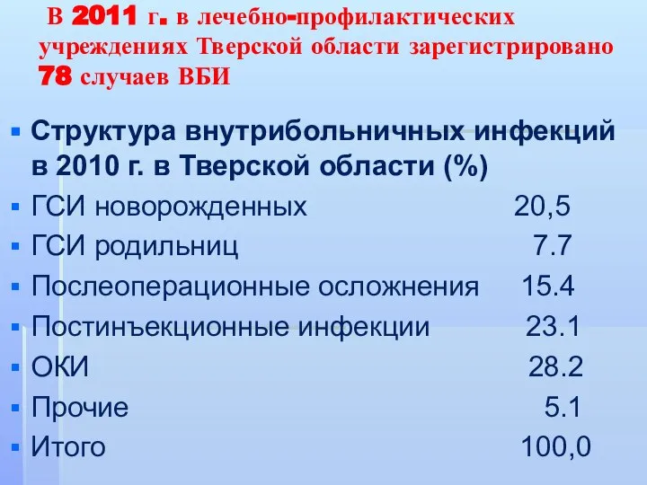 В 2011 г. в лечебно-профилактических учреждениях Тверской области зарегистрировано 78 случаев