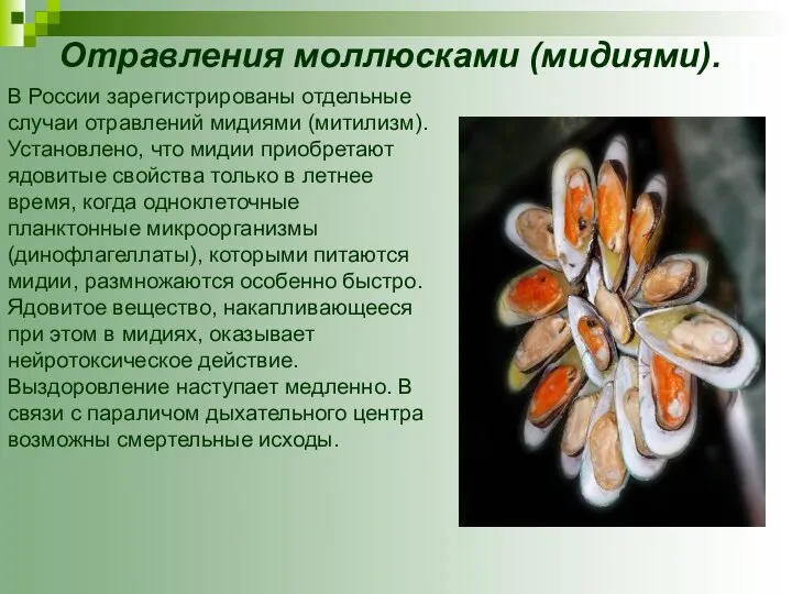 Отравления моллюсками (мидиями). В России зарегистри­рованы отдельные случаи отравлений мидиями (митилизм).