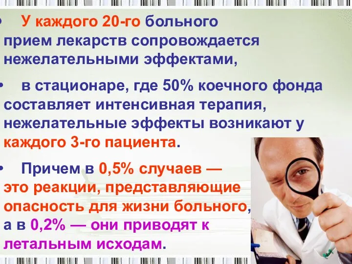 У каждого 20-го больного прием лекарств сопровождается нежелательными эффектами, в стационаре,