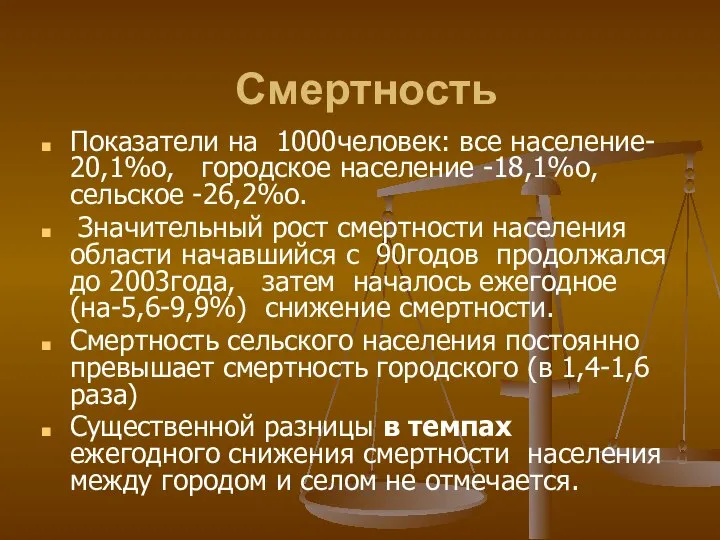 Смертность Показатели на 1000человек: все население- 20,1%о, городское население -18,1%о, сельское