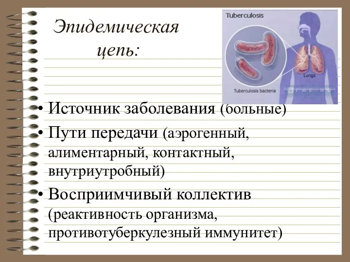 Эпидемическая цепь: Источник заболевания (больные) Пути передачи (аэрогенный, алиментарный, контактный, внутриутробный)