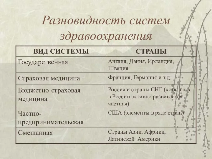 Разновидность систем здравоохранения