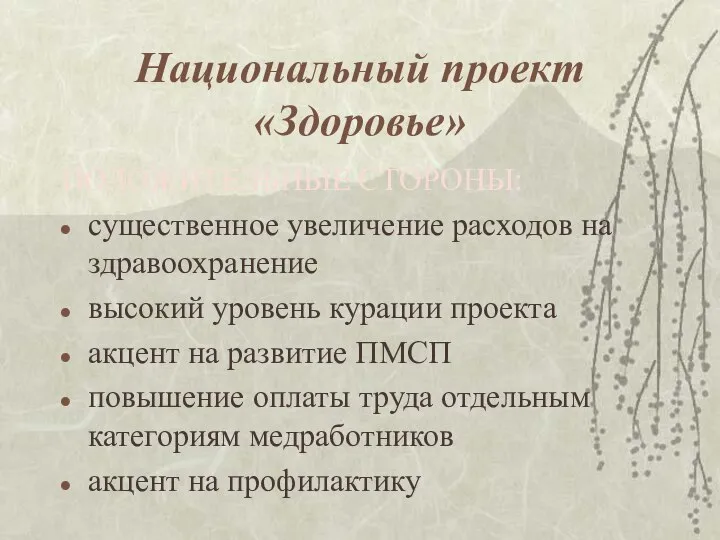 Национальный проект «Здоровье» ПОЛОЖИТЕЛЬНЫЕ СТОРОНЫ: существенное увеличение расходов на здравоохранение высокий